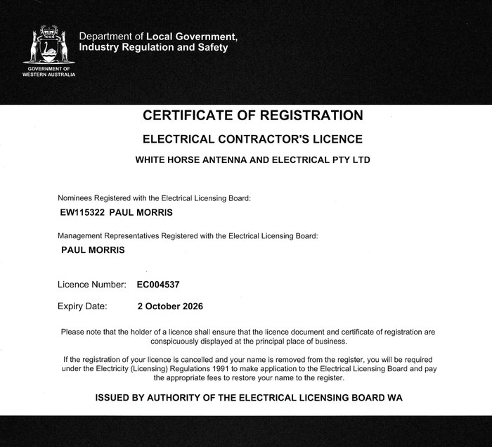 WA Government Certificate of Registration — Electrical Contractor's Licence EC004537, Paul Morris